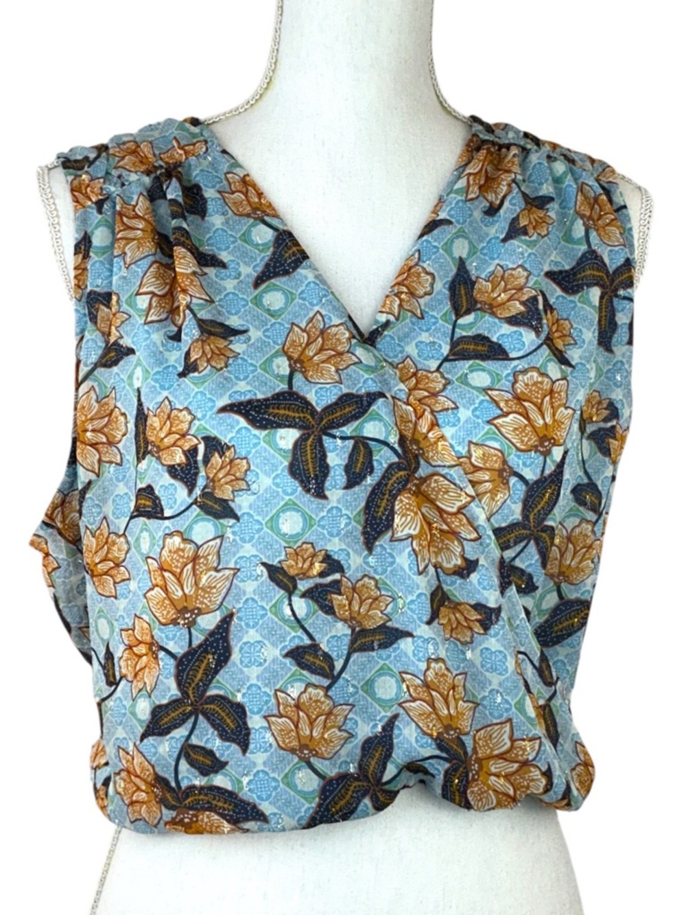 Rachel Zoe Cropped Top Faux Wrap Sleeveless V neck Mustard Blue Large